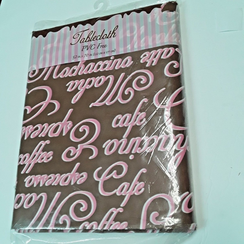 52 x 70 Inch Pink Coffee Sayings Brown Background Vinyl Flannel Backing PVC Free - Picture 1 of 1